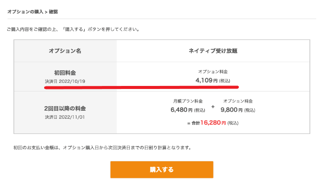 ネイティブ受け放題オプション 日割り計算