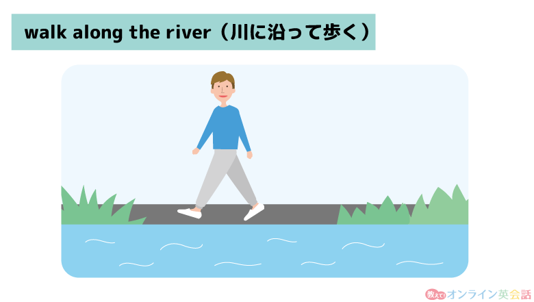 「人が犬と川に沿って歩く」の図