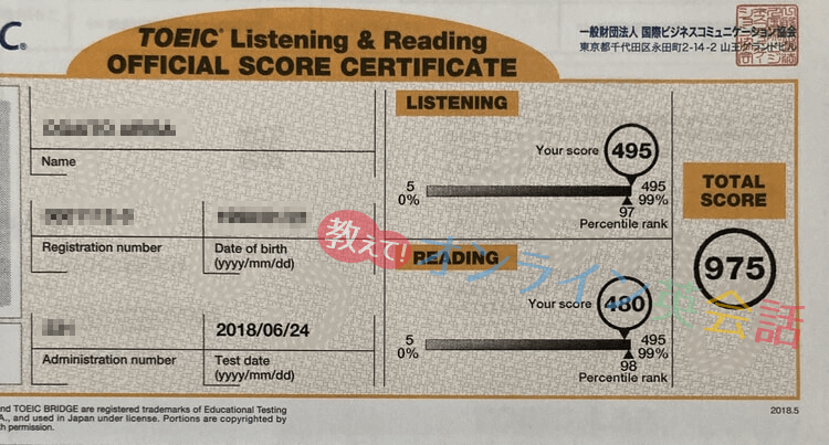 ArisaのTOEIC975点のスコア