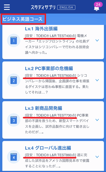 スタディサプリEnglish ビジネス英語コースの英語レベル